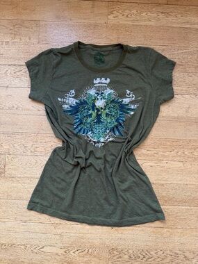 Y2K Olive Green Graphic Baby Tee Shirt Grunge Indie Sleaze Tattoo Print Top